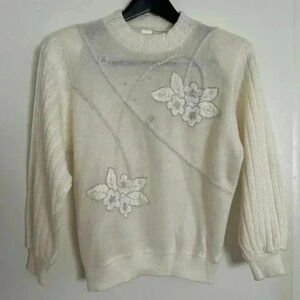 Vintage Knit Sweater Embroidered White Silver Floral Made in Italy Women's 12